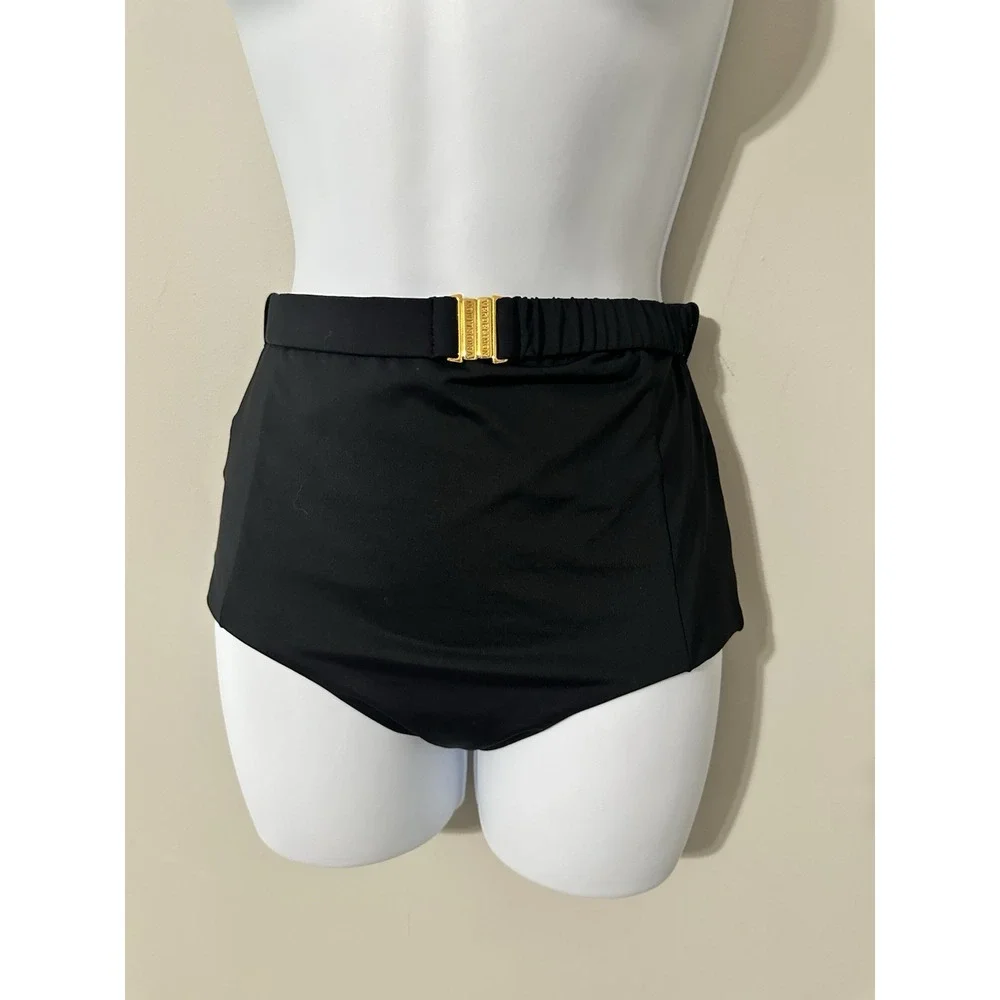 VERDELIMON Banes Black High-Waist Bikini Bottom‎ S Gold Buckle Retro Size S - Picture 2 of 6